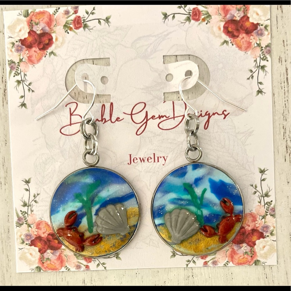 Crab Earrings- Silver plated Earring Hooks- stainless steel bezel- 2.5” long